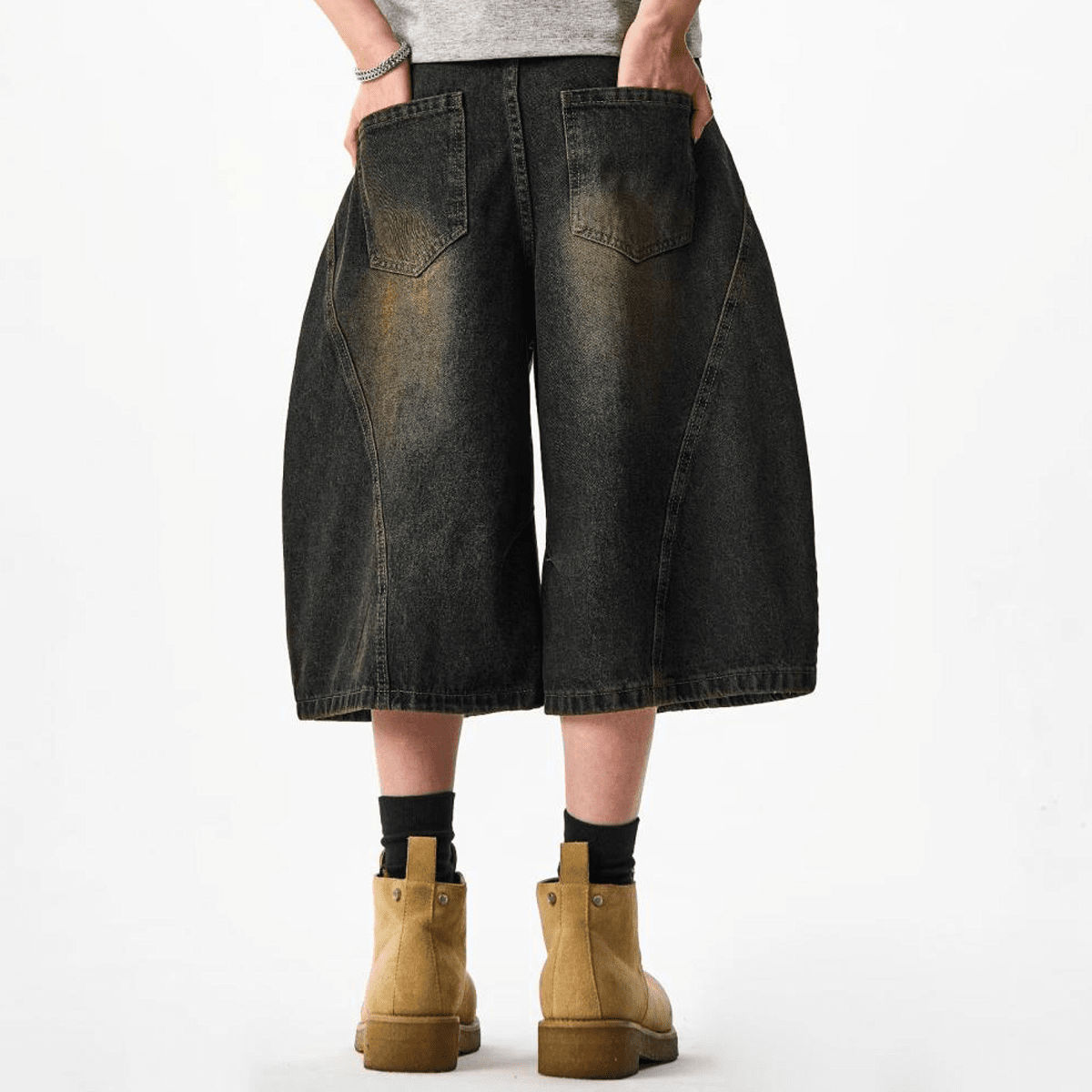 Wide-Leg Curved Blade Denim Shorts