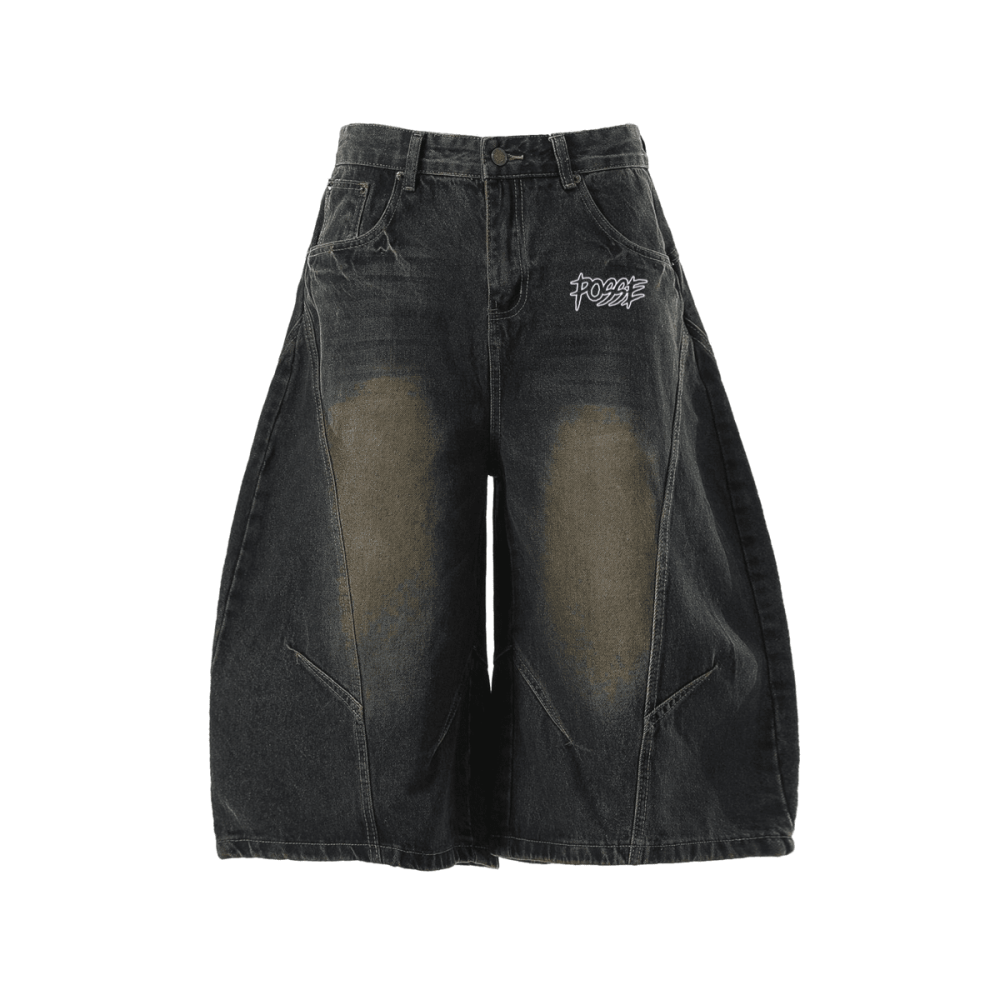 Wide-Leg Curved Blade Denim Shorts