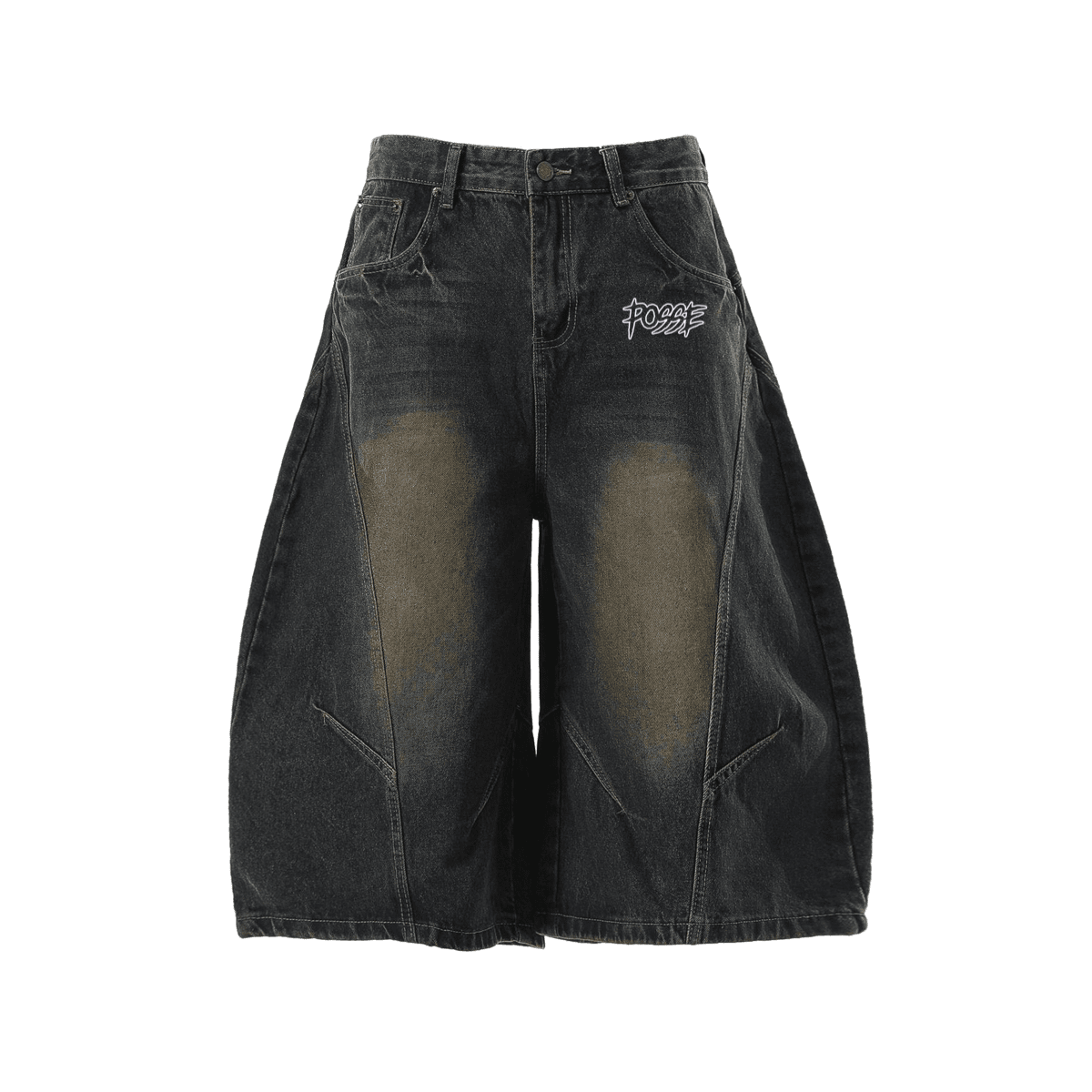 Wide-Leg Curved Blade Denim Shorts