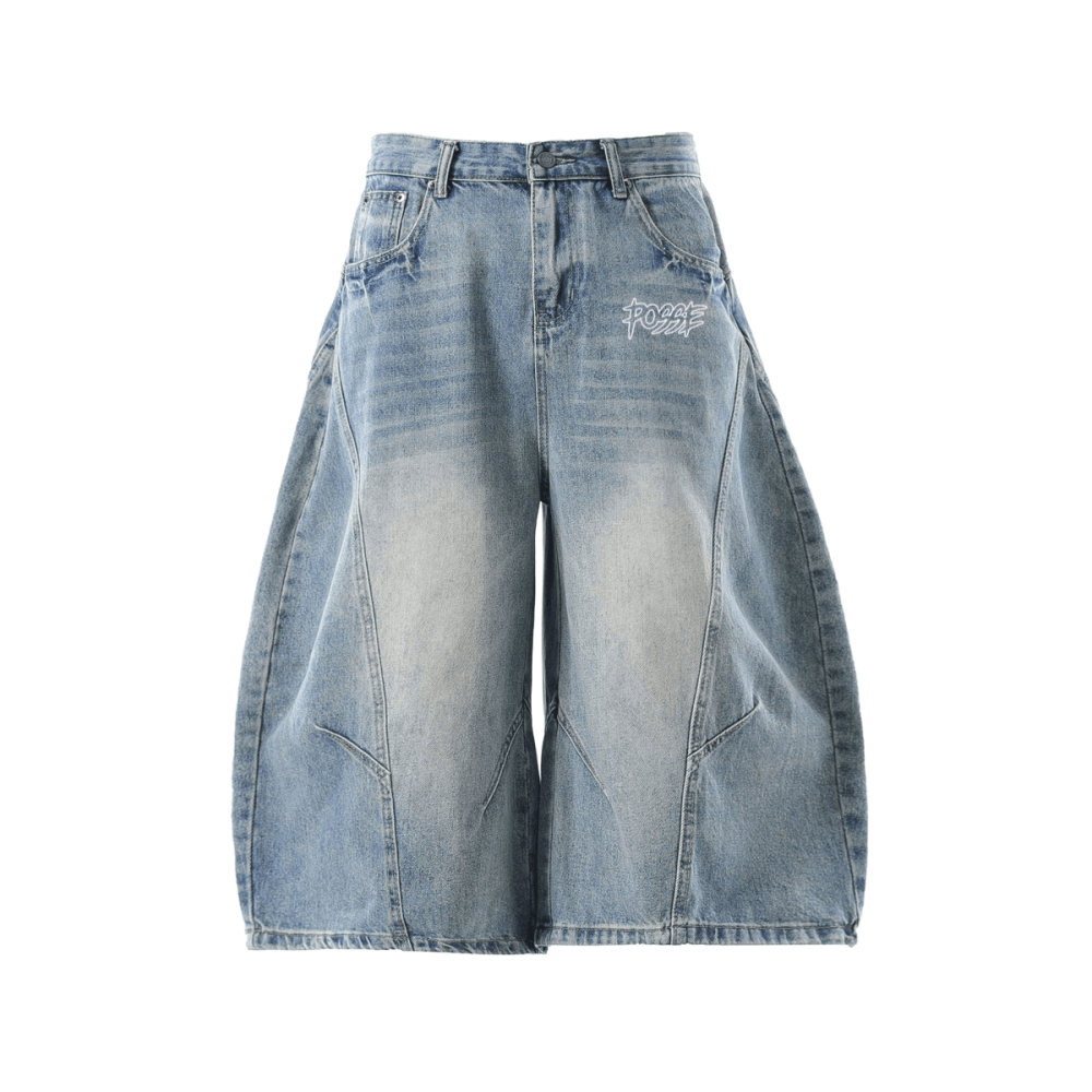 Wide-Leg Curved Blade Denim Shorts