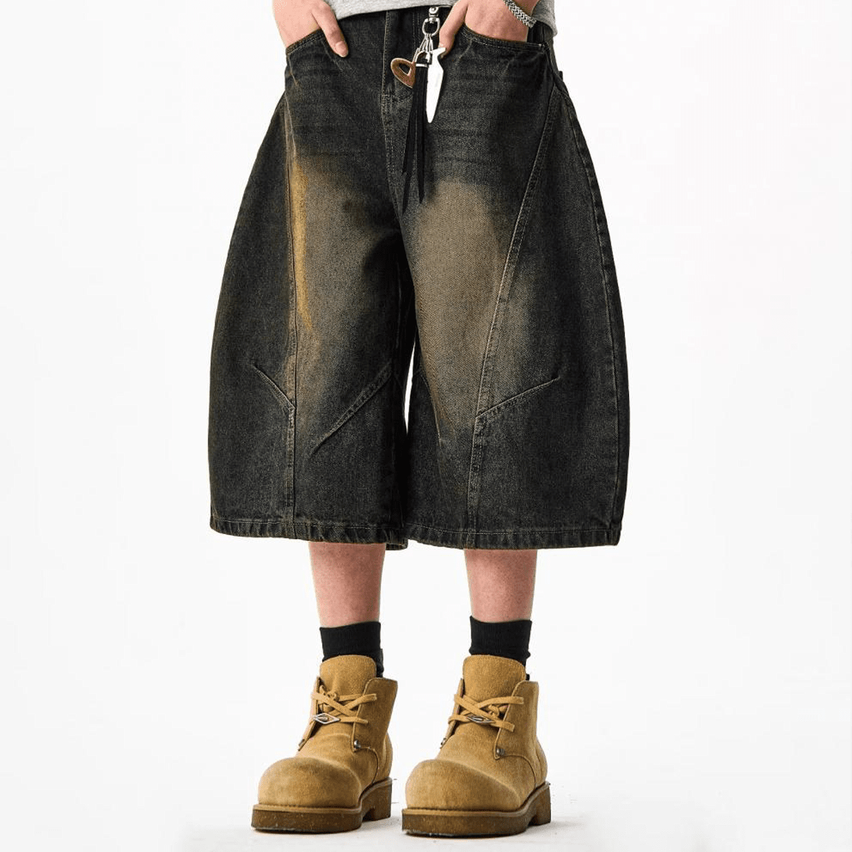 Wide-Leg Curved Blade Denim Shorts