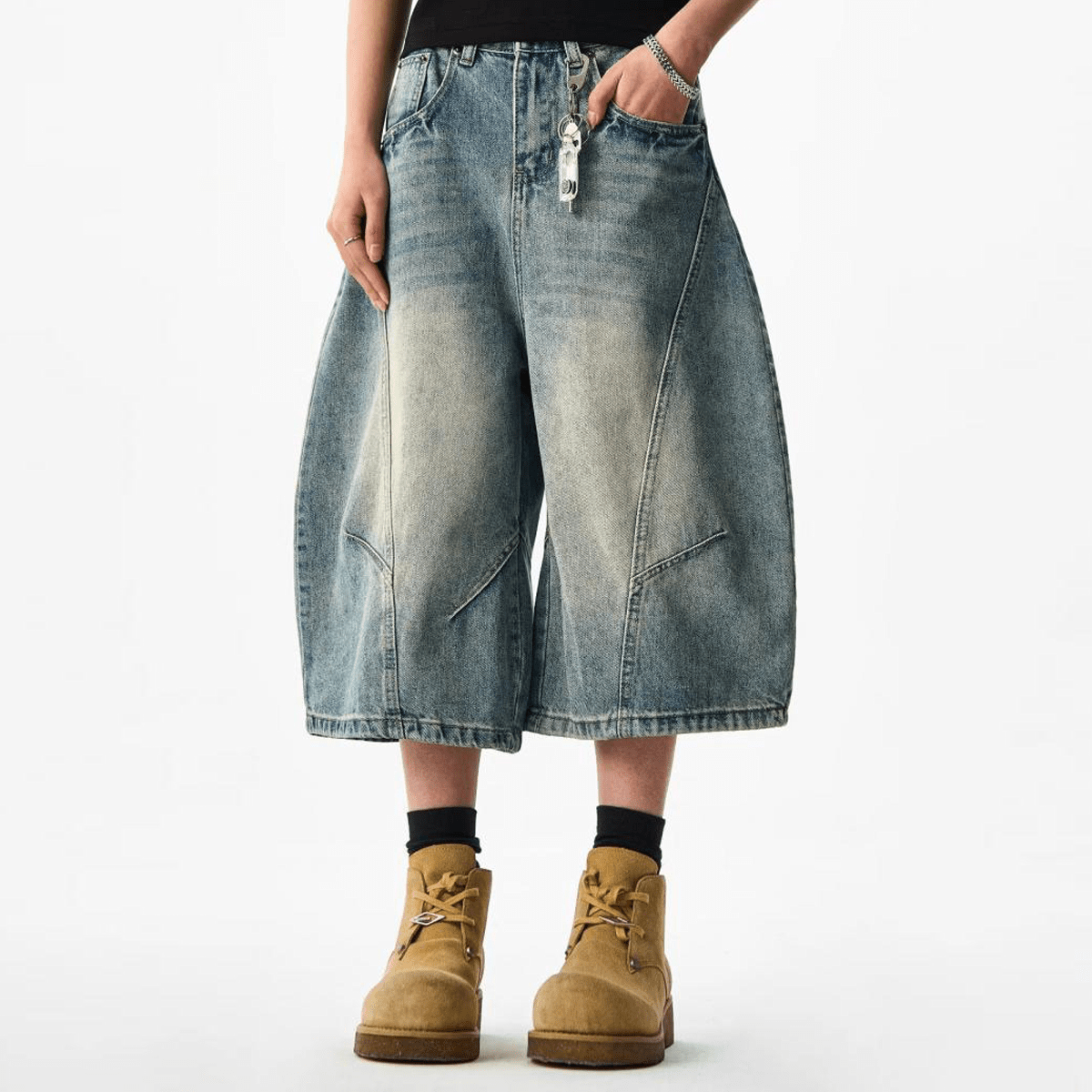 Wide-Leg Curved Blade Denim Shorts