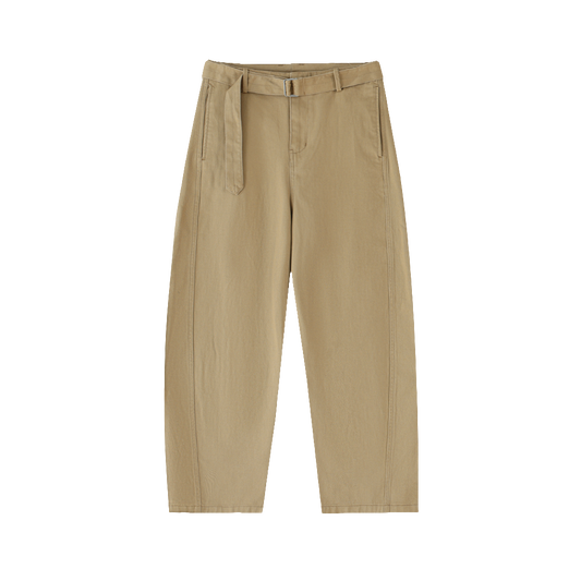 Twisted-Seam Belted Curved-Blade Pants