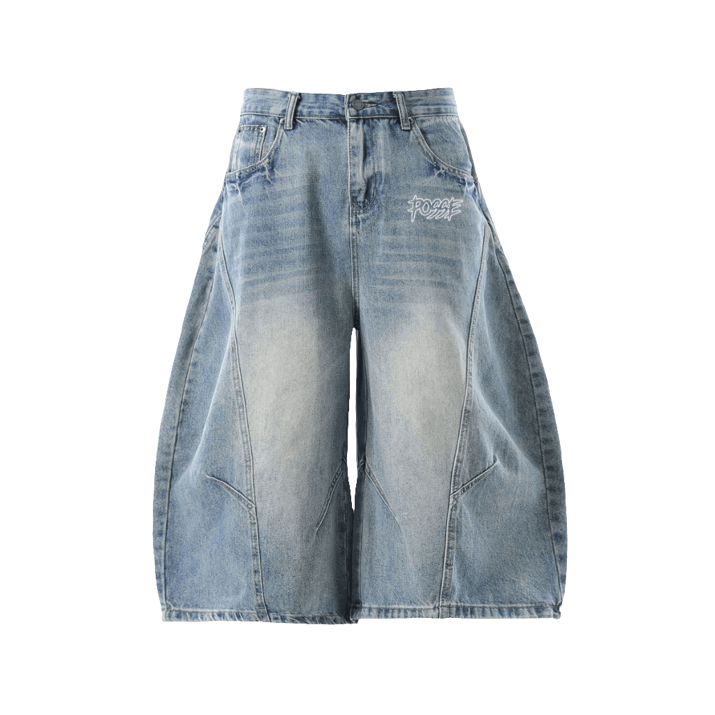 Wide-Leg Curved Blade Denim Shorts