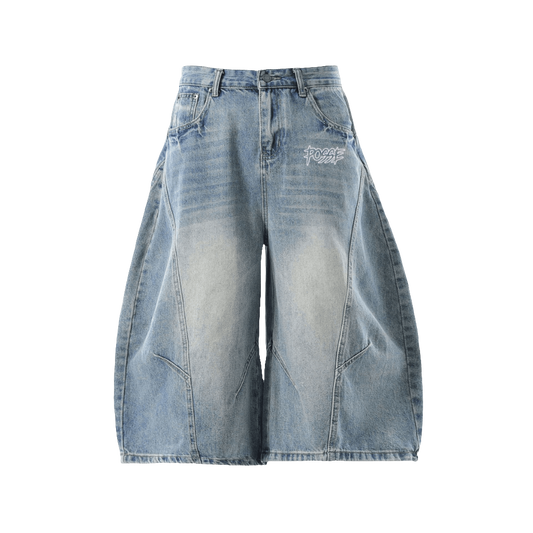 Wide-Leg Curved Blade Denim Shorts