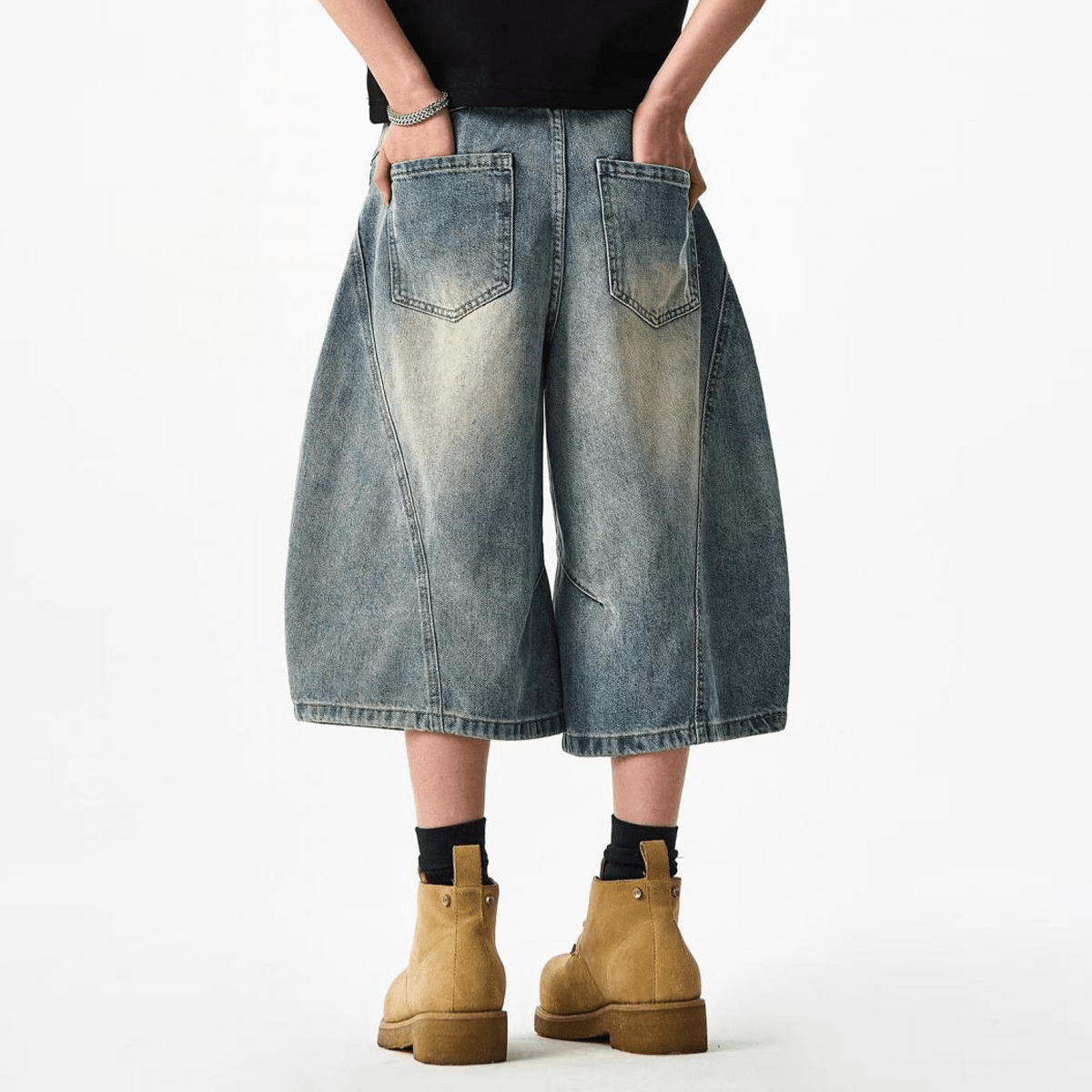 Wide-Leg Curved Blade Denim Shorts