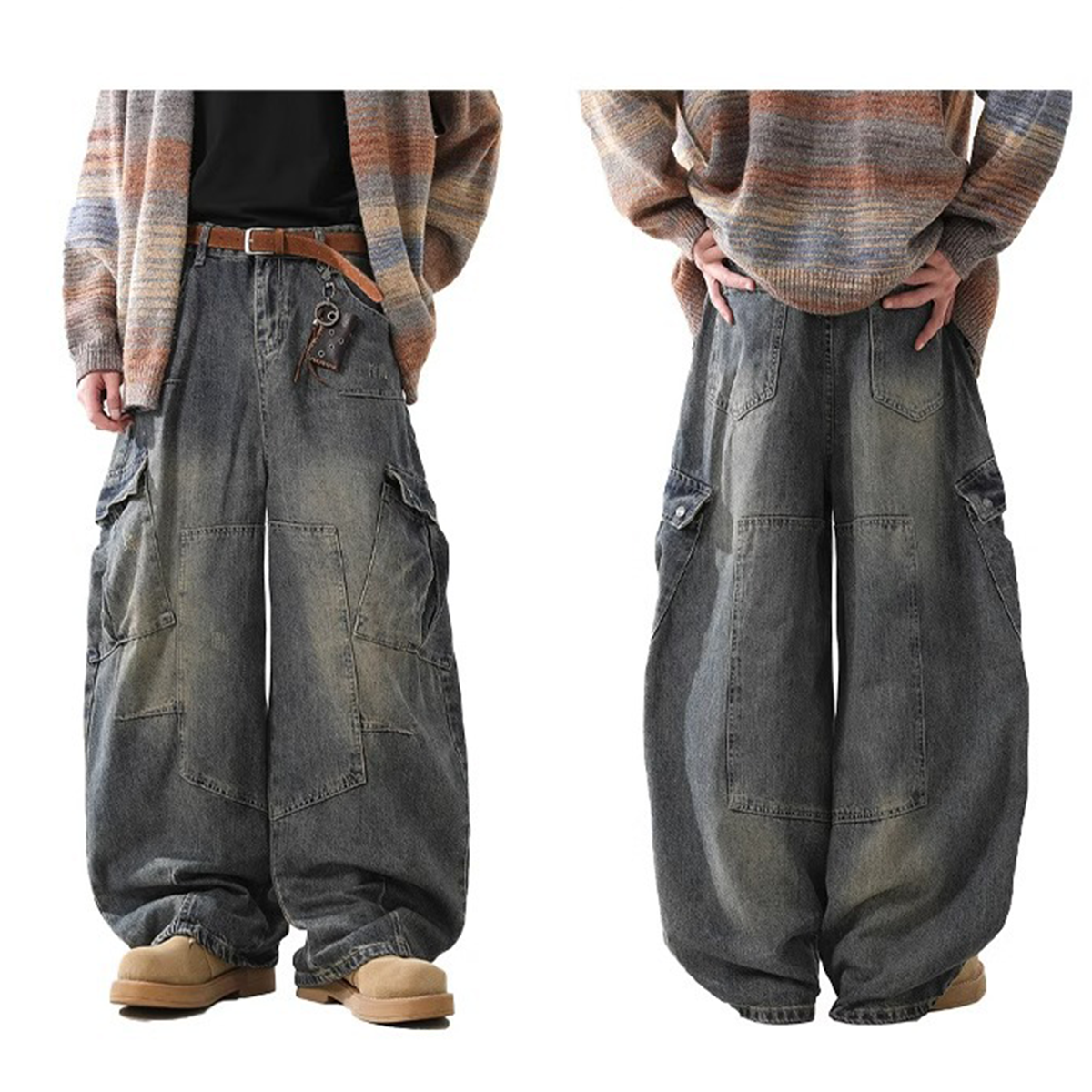 Multi-Pocket Washed Vintage Loose Jean