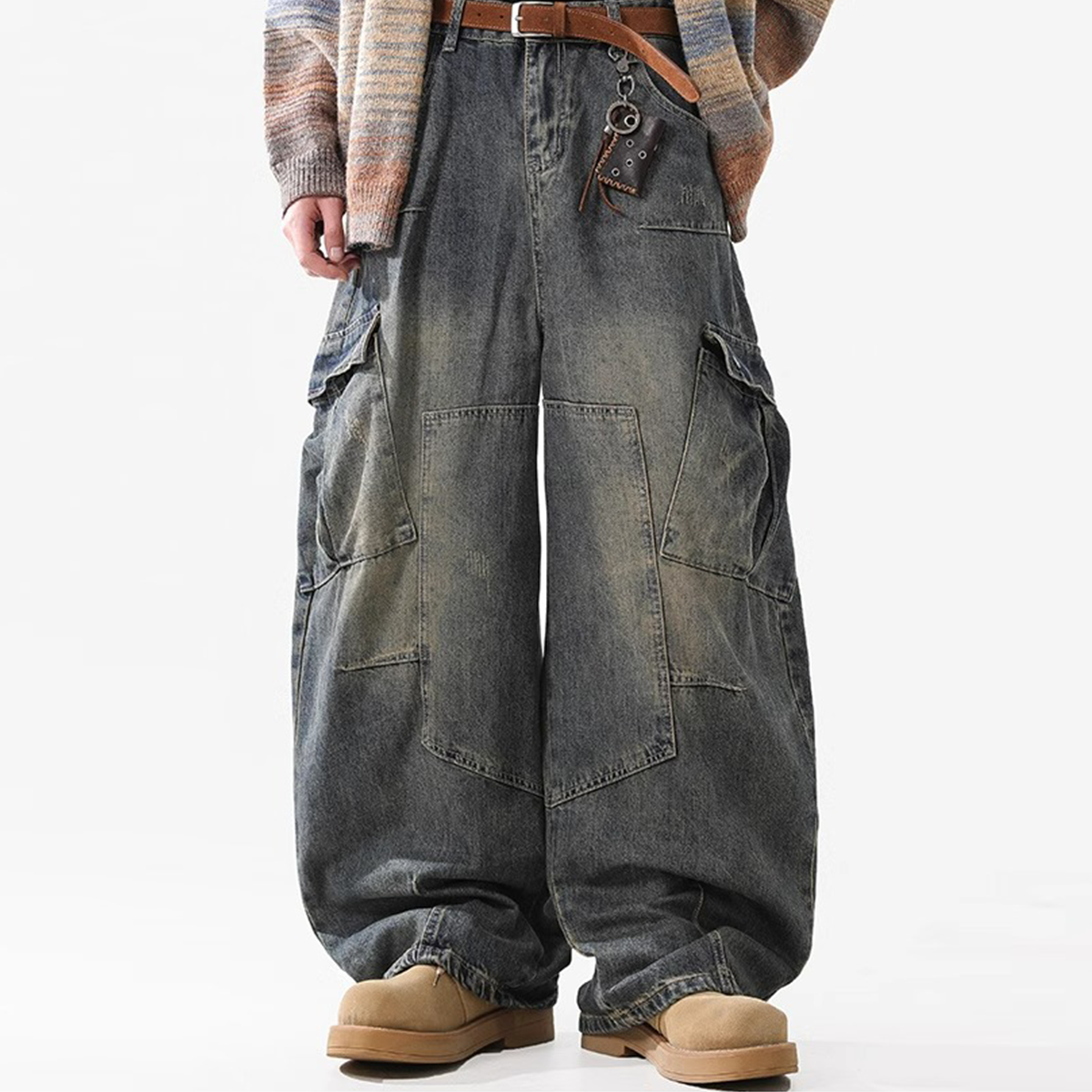Multi-Pocket Washed Vintage Loose Jean
