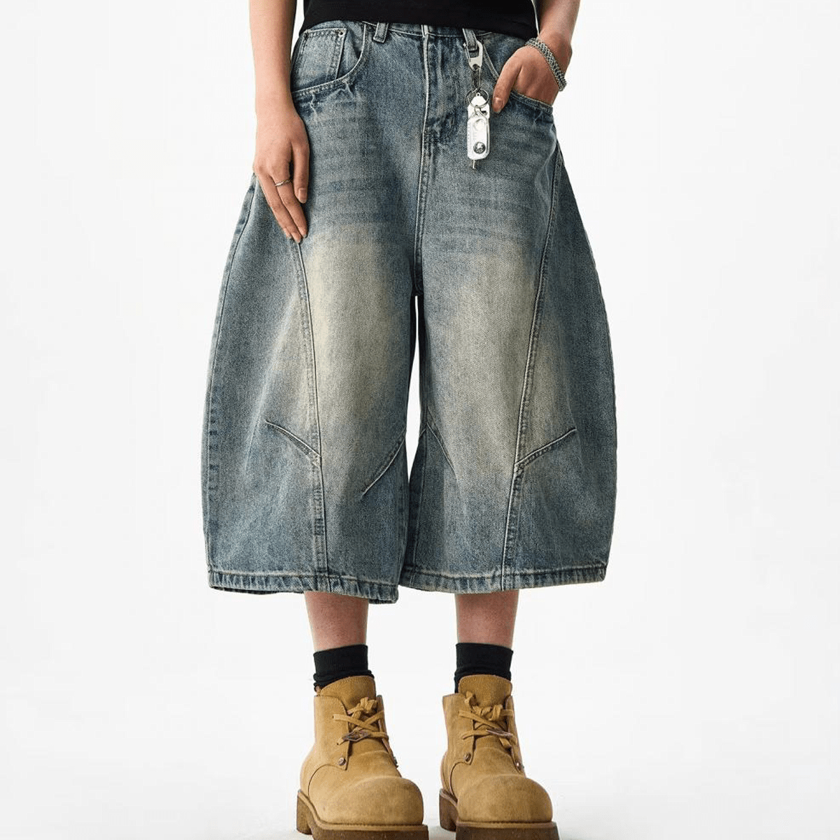 Wide-Leg Curved Blade Denim Shorts
