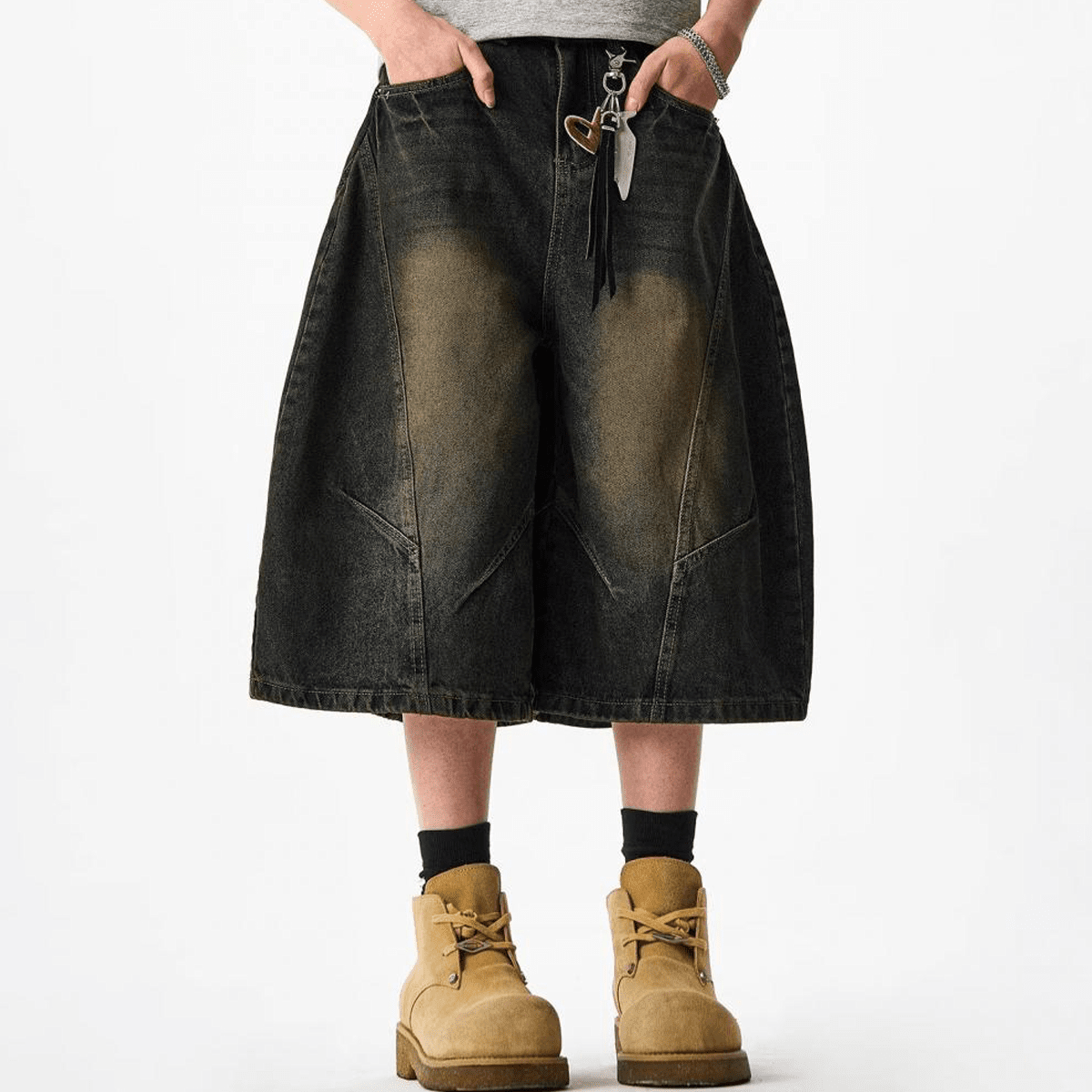 Wide-Leg Curved Blade Denim Shorts